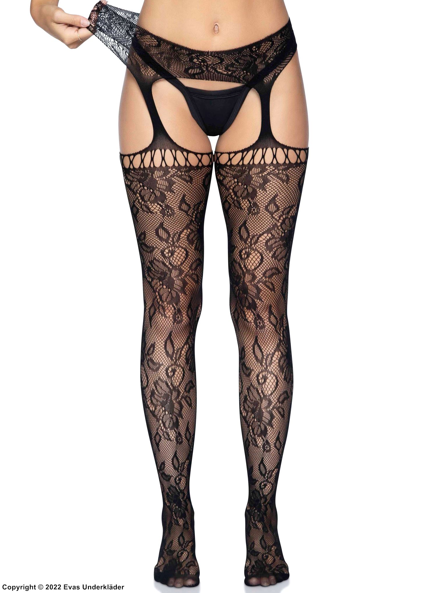 Suspender pantyhose, stretch lace, flowers